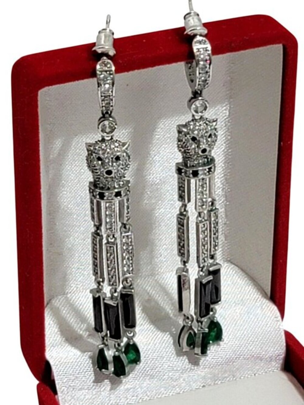 Jaguar Panther Drop Earrings Silver Tone With Black & Green Accents